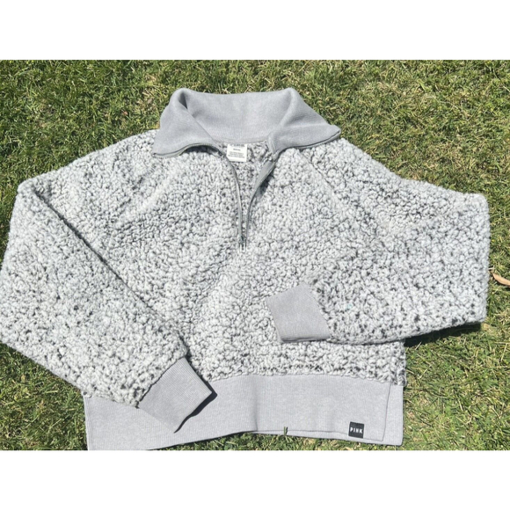 Victoria's Secret Pink Sherpa Pullover Sweater 1/2 Zip Up Light Grey Size Medium